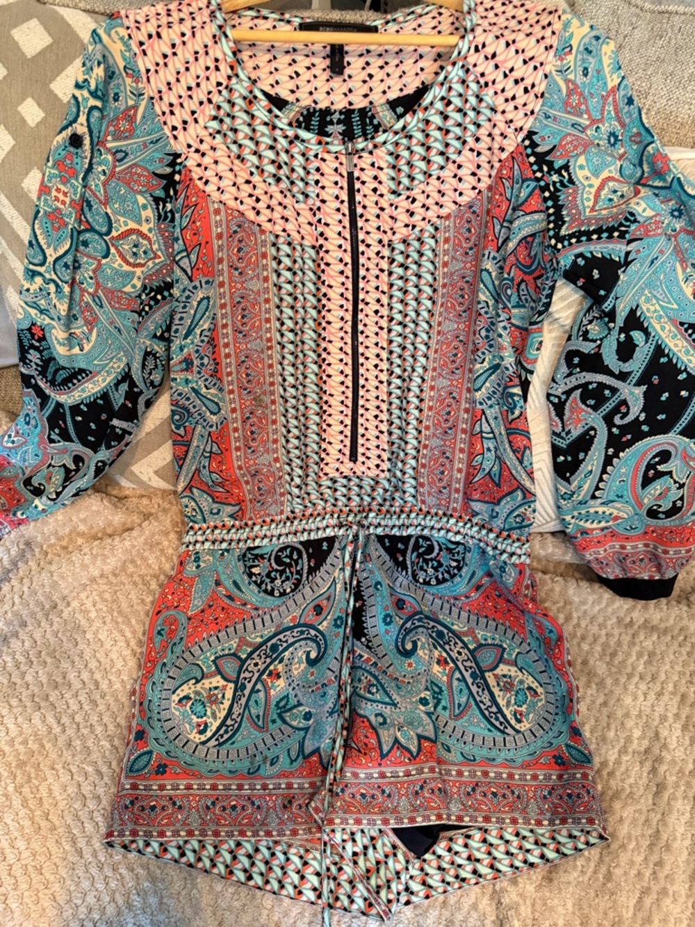 BCBG Max Azria Paisley Printed Romper in Turquoise, Coral & black